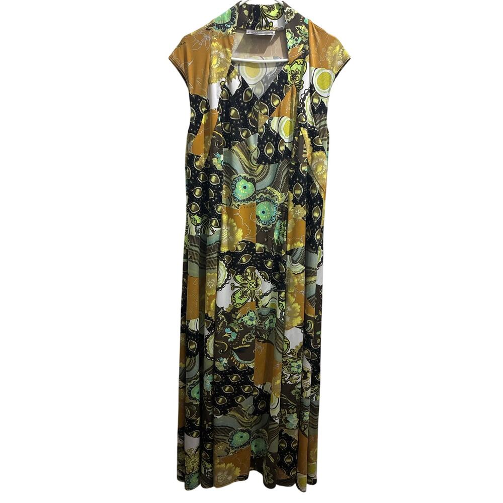 Vintage Simonton Says Patchwork Floral Maxi Dress Green Mustard Boho XL/1X